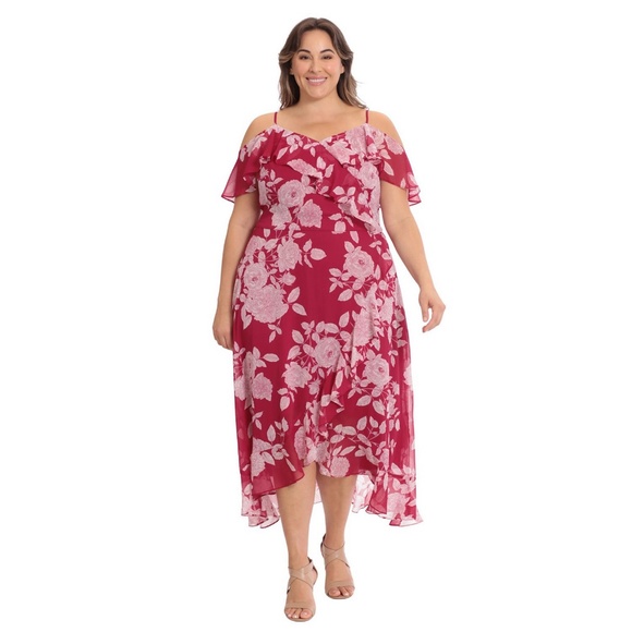 Plus Size London Times Cold Shoulder Ruffle Faux Wrap Dress 22W - Picture 1 of 2